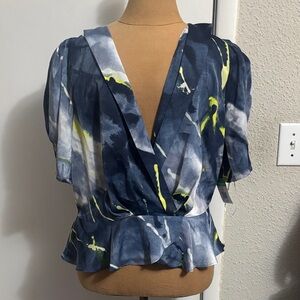 DKNY Navy Abstract V-Neck Peplum Top with Lime Accents L Coquette Girl Prints
